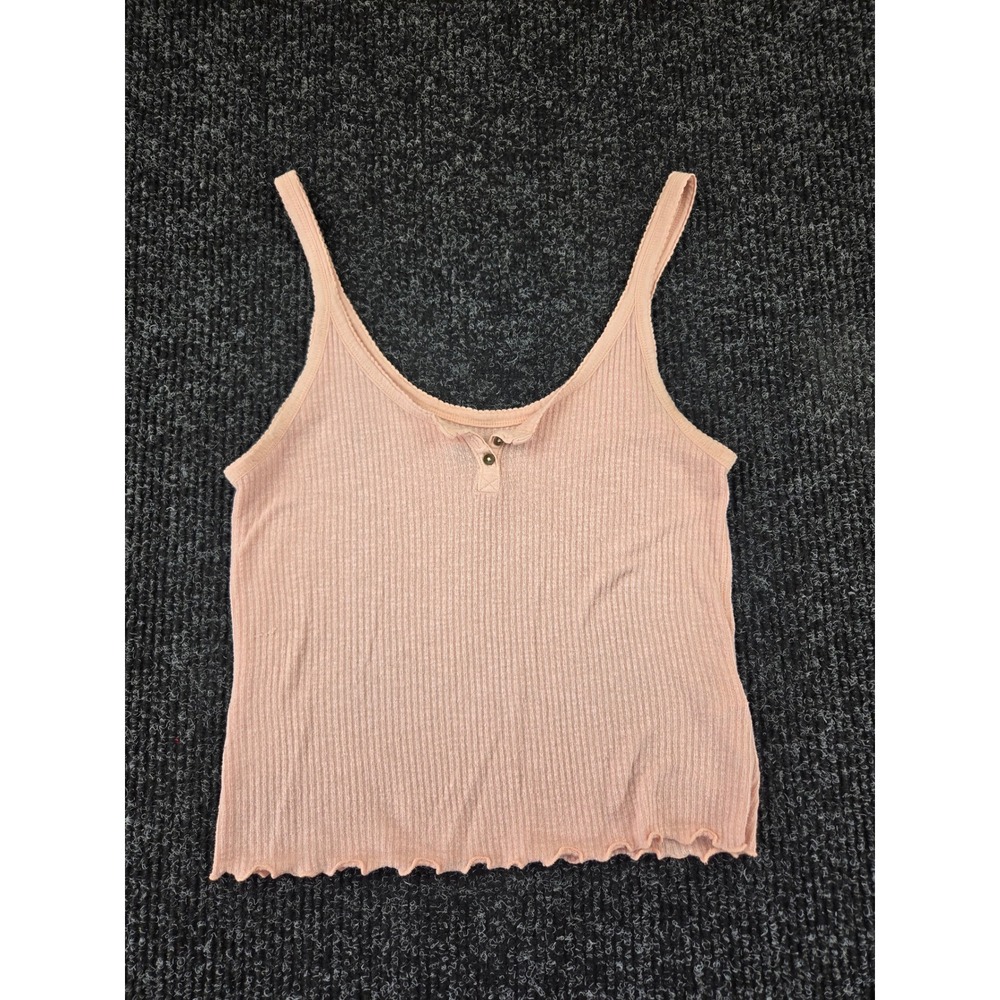 Abercrombie & Fitch Womens‎ Medium Peach Ribbed Henley Tank Top Lettuce Edge Hem